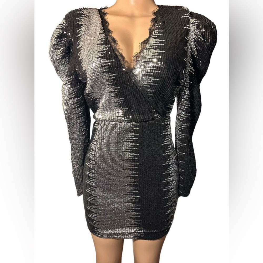 The Sang Mythical Black/Silver Ombre Sequins Long Sleeve Mini Dress ~ Size Small